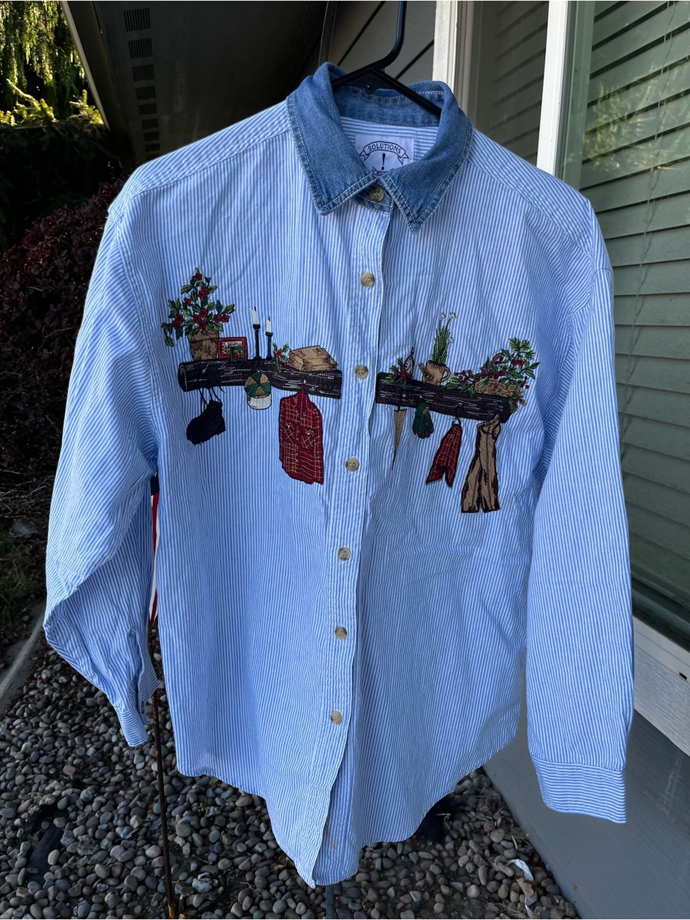 Solutions! Christmas Embroidered Button Up Shirt Blue Stripe L